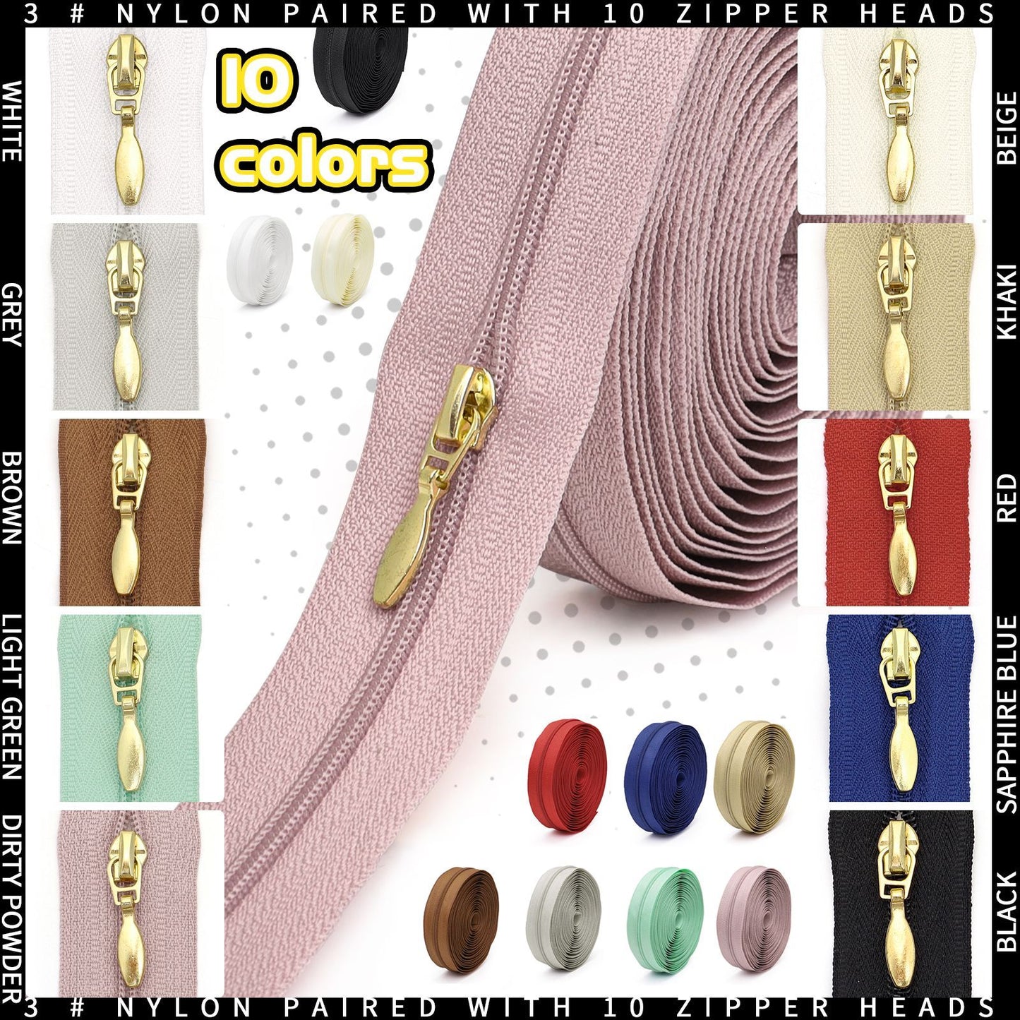 3100 Zipper No. 3 is wearing nylon solid color luggage zipper 4.5 meters + 10 light gold water drop heads = 1 pack