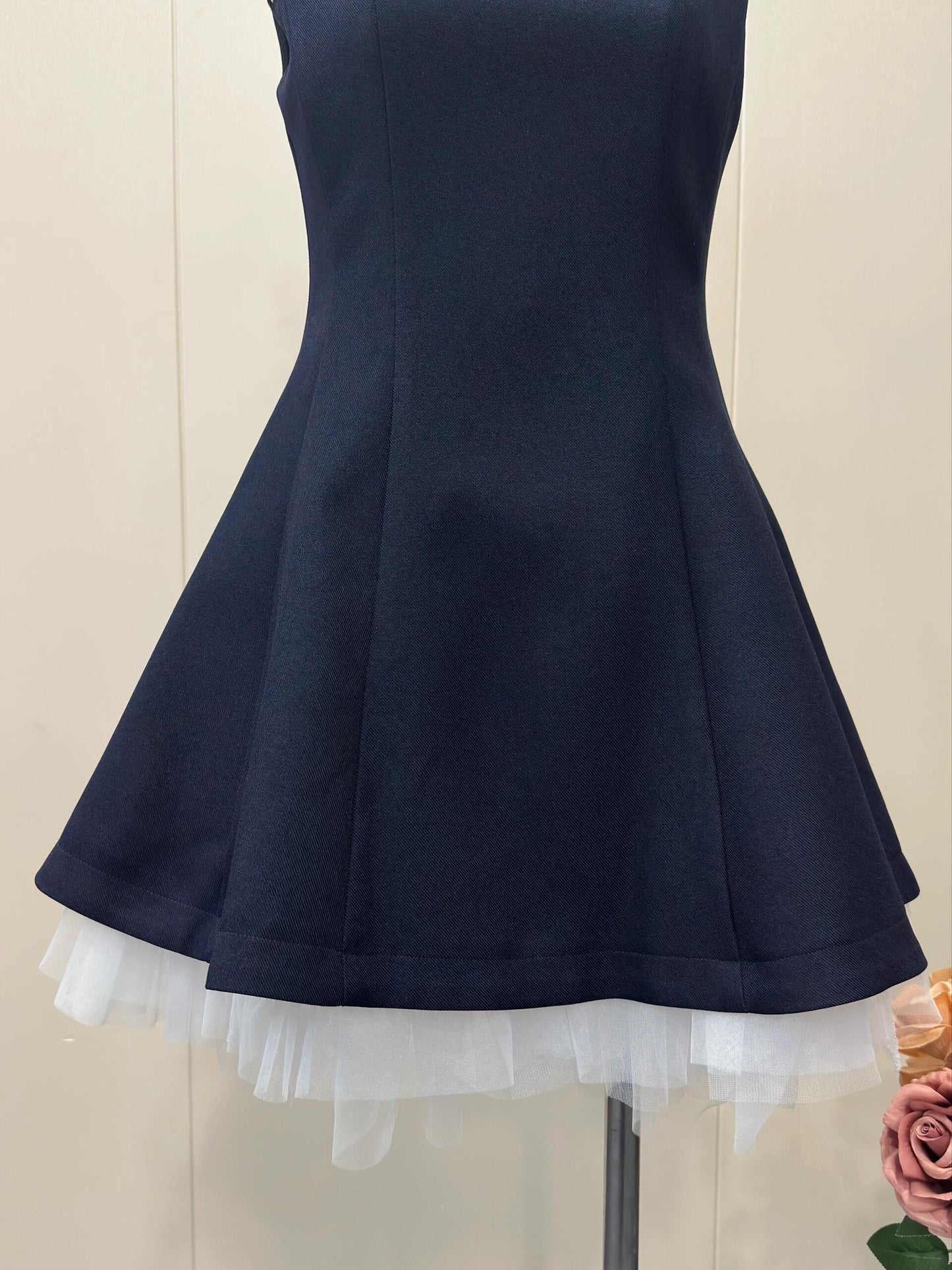 8030★ Qianjin Wind MIU Department High-end navy blue mesh stitching sleeveless dress puffy skirt women's summer