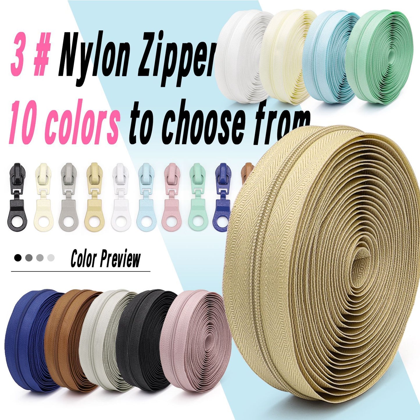 3071 Zipper No. 3 is wearing a solid color nylon set, luggage zipper, various packages 4.5 meters + 10 color Jitong heads = 1 pack