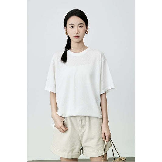 Camiseta básica de manga corta blanca versátil CAREMIND con cuello redondo y cinco mangas en los hombros