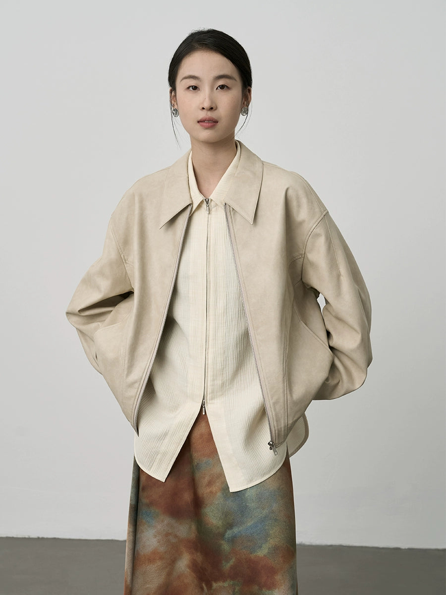 Camisa informal con doble cremallera y textura de sal de CAREMIND, holgada, estilo perezoso, color crema