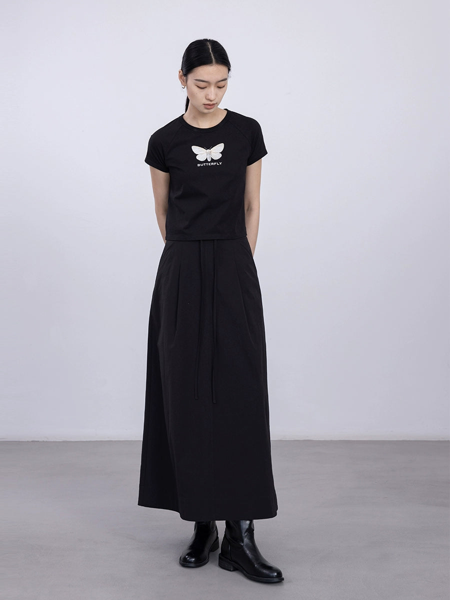 CAREMIND Falda plisada pequeña con cordón de cintura alta de color sólido para mujer, diseño de abertura, estilo simple, falda fina de palabra A, mediana y larga