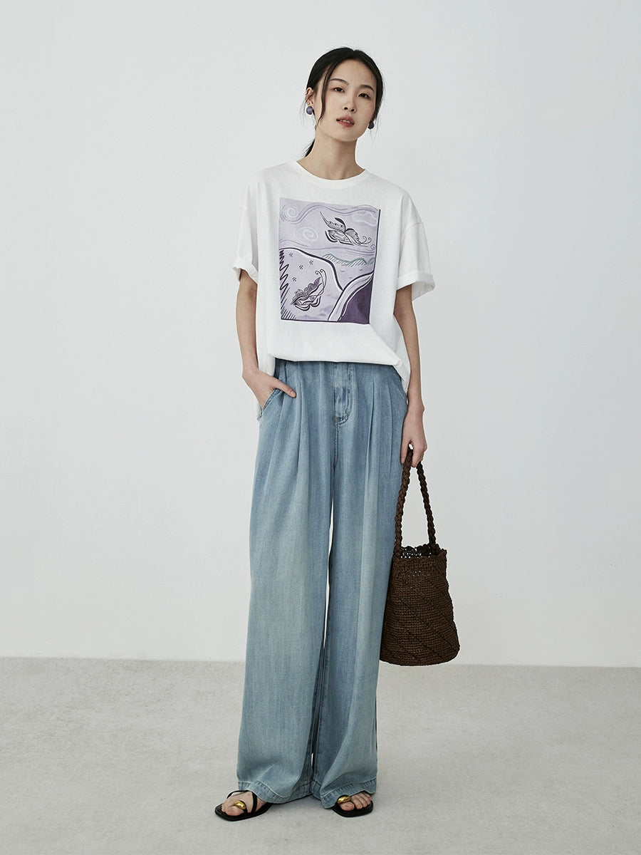 Camiseta holgada con estampado de mariposas de algodón CAREMIND 2024 verano cuello redondo hombro delantero manga corta fina