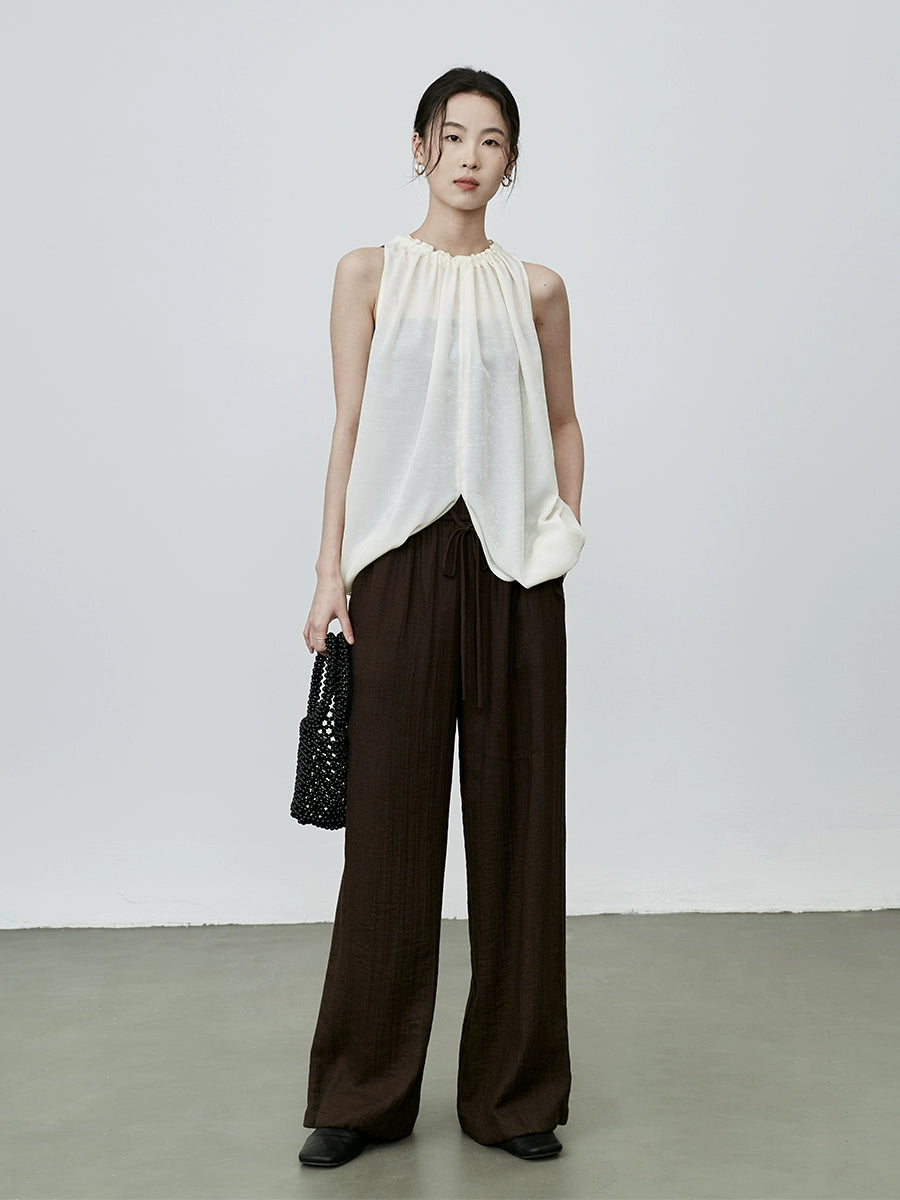 Pantalones casuales rectos de lino color café de CAREMIND, pantalones largos versátiles de cintura alta y elásticos