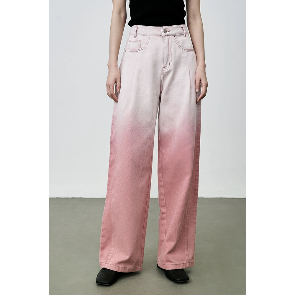 Pantalones rectos con tinte gradual de vitalidad rosa de CAREMIND, pantalones casuales de pierna ancha y finos con drapeado de otoño