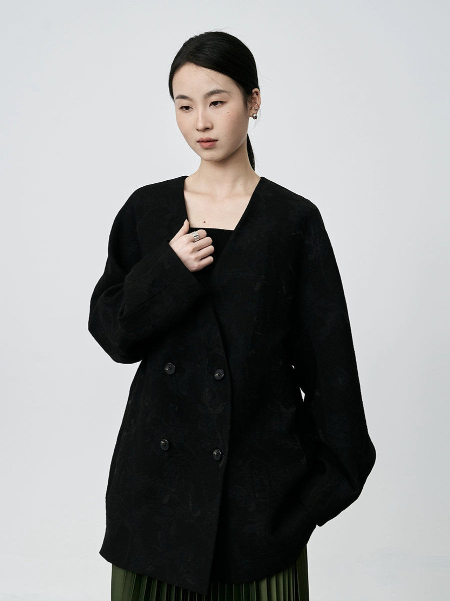 CAREMIND, elegante traje negro sin cuello, diseño chino, estampado oscuro, jacquard, exquisito abrigo para mujer