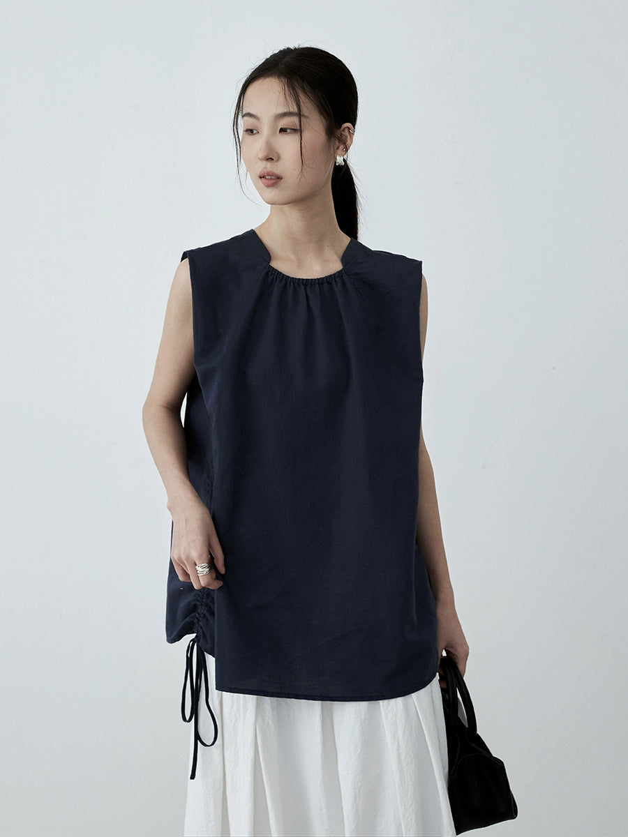 Chaleco de algodón y lino azul marino sin mangas con cordón de CAREMIND, diseño de ropa exterior, chaleco para mujer