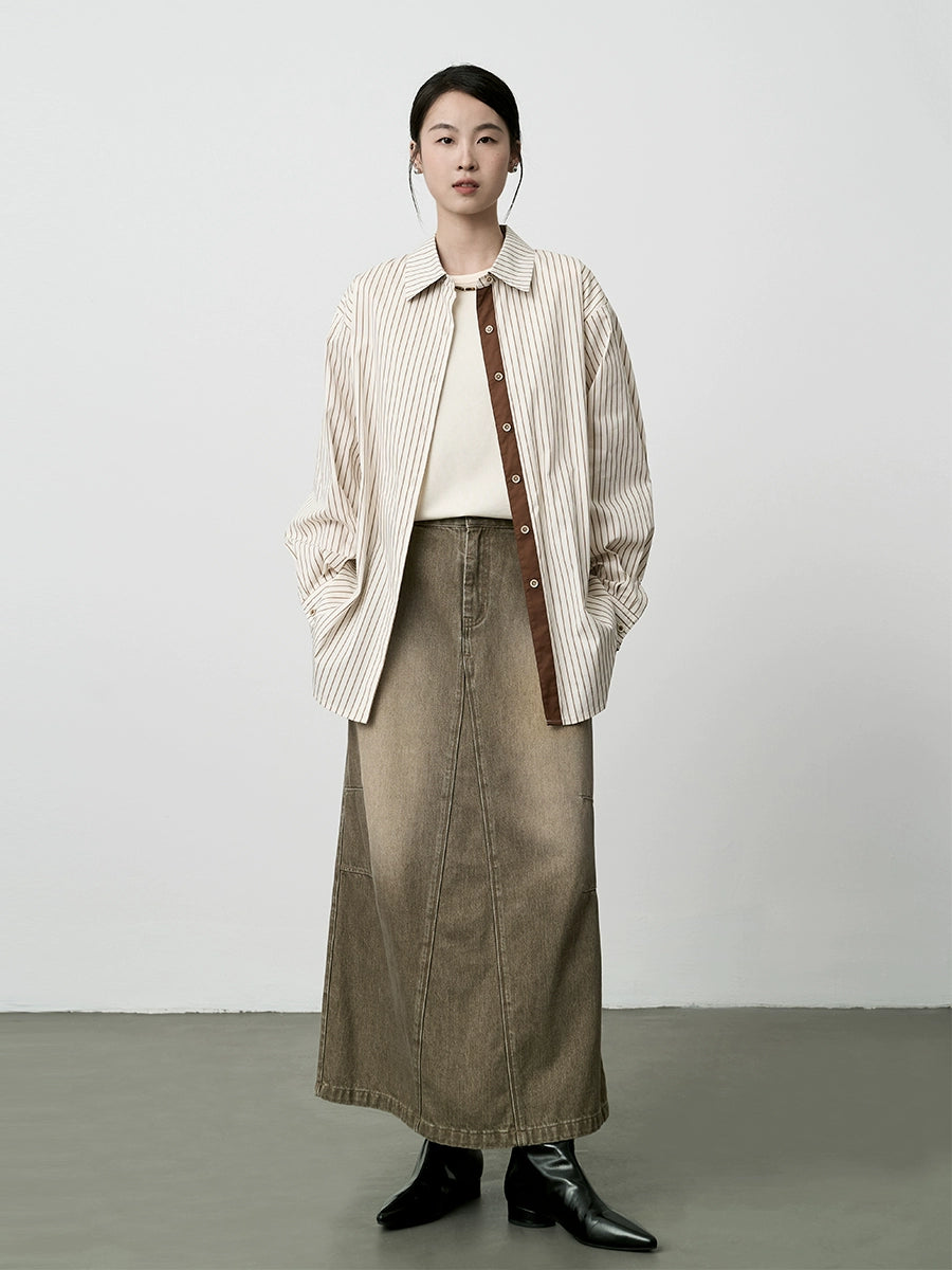 Falda vaquera antigua retro americana CAREMIND 2024, cintura alta, palabra A, falda larga de algodón con abertura