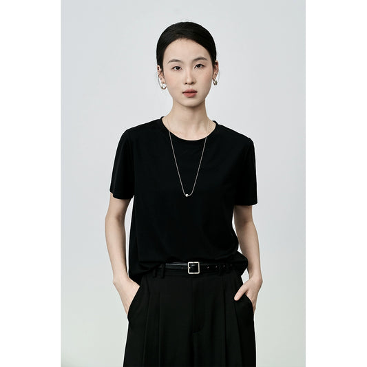 CAREMIND T-shirt classique basique à col rond et manches courtes pour femme, couleur unie, ample, épaules dénudées