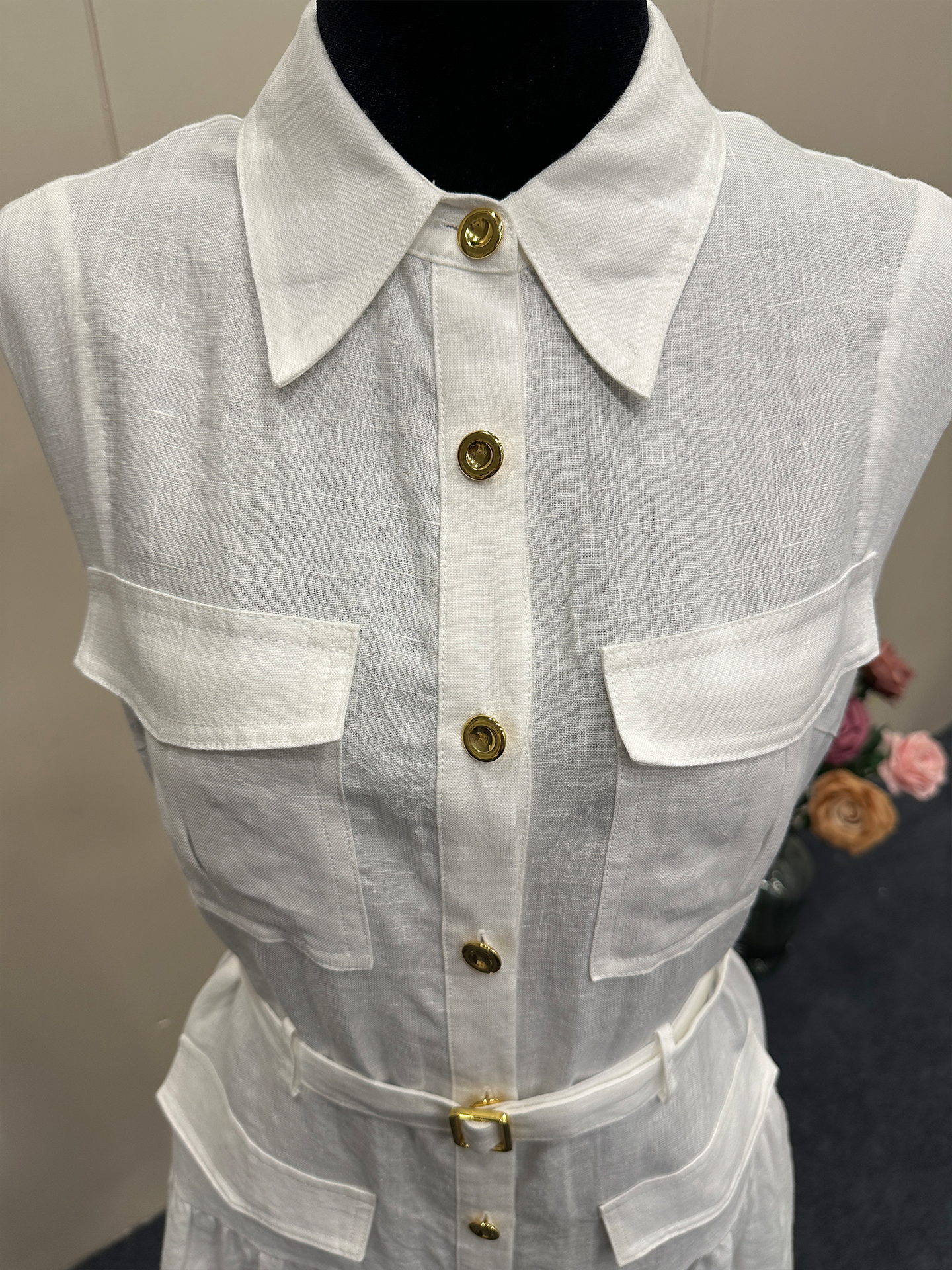 8019★ Kochi old money wind shirt skirt lapel high waist thin sleeveless pure linen dress women 25 summer