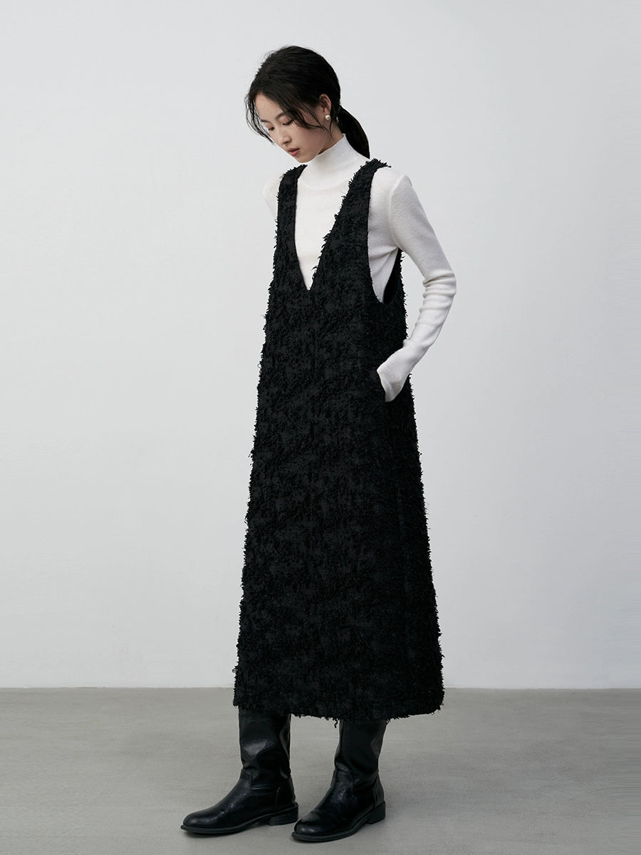 Chaleco con escote en V negro CAREMIND, falda larga, falda apilada, diseño con flecos, chaleco versátil, vestido para mujer