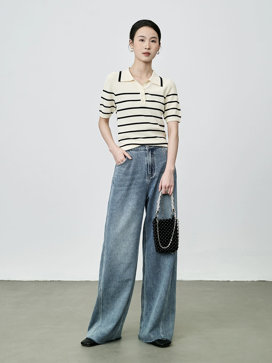 Camiseta tipo polo de rayas retro a juego de colores de CAREMIND, camiseta de manga corta de punto pequeña y ajustada para mujer