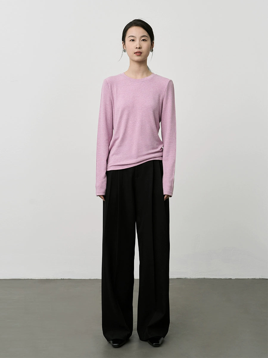 Camiseta de cuello redondo con parte inferior de color rosa suave y ceroso de CAREMIND 2024 Nueva camiseta de manga larga interior premium