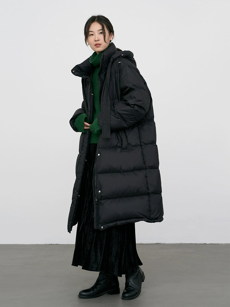 CAREMIND Chaqueta de plumón con capucha hasta la rodilla blanca para mujer, chaqueta térmica de plumón 90 %