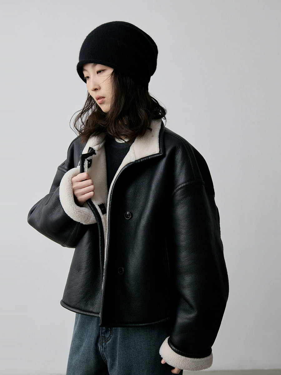 Chaqueta negra corta cálida y resistente al viento con pelo integrado de CAREMIND, chaqueta de solapa de locomotora de moda para mujer