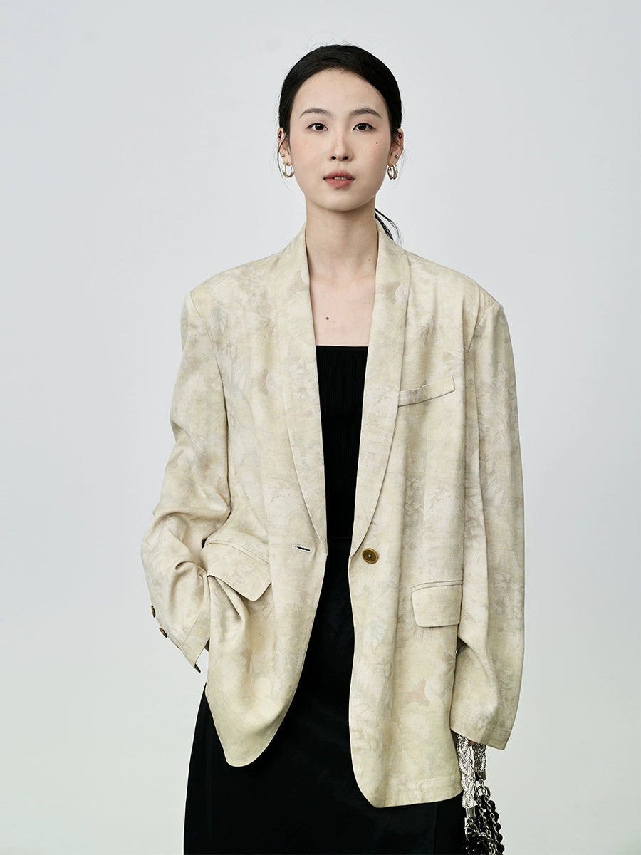 CAREMIND Nuevo blazer chino de tencel con cuello de manzana, traje pequeño holgado con estampado beige para mujer