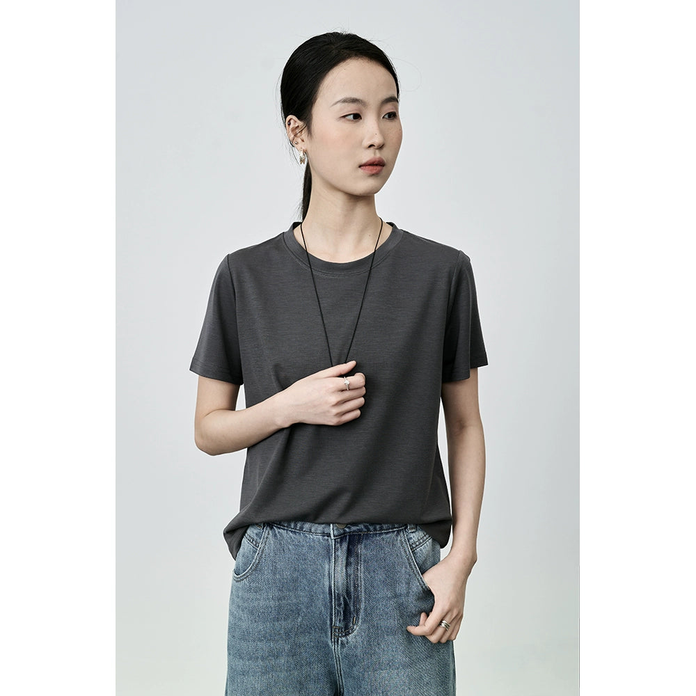 Camiseta básica clásica de cuello redondo de color liso de manga corta con hombros descubiertos para mujer de CAREMIND