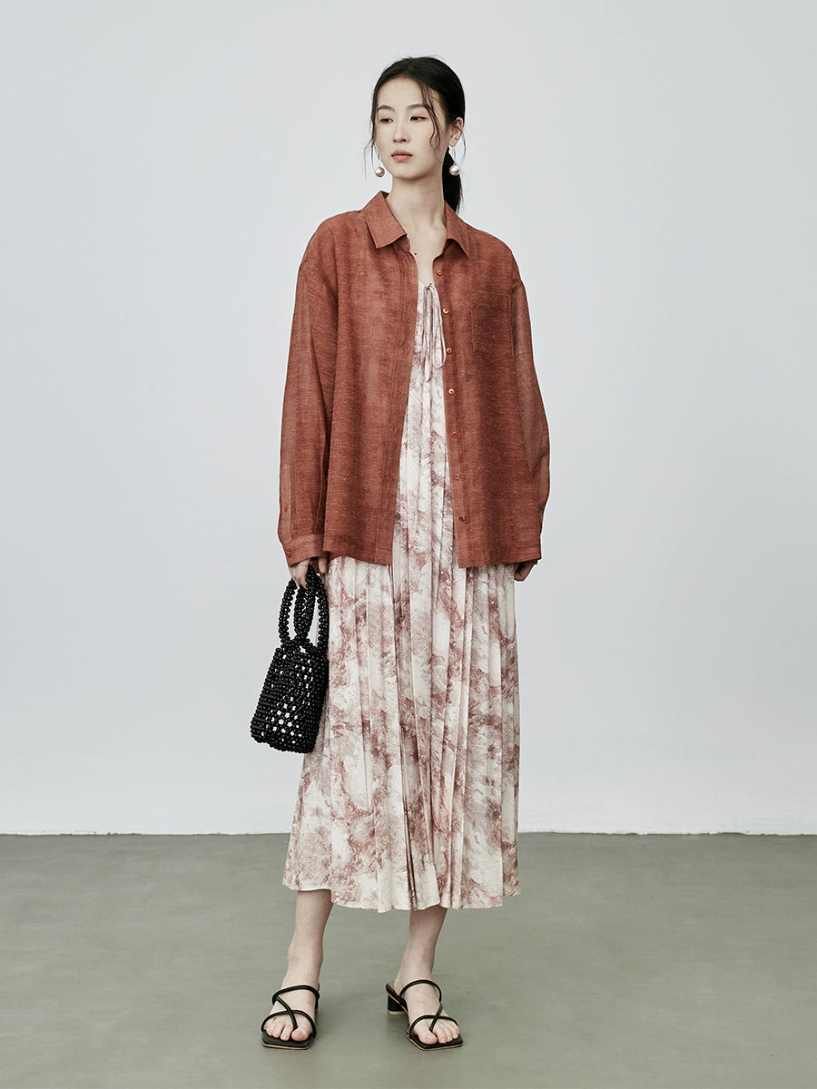 CAREMIND Vestido con tirantes y hombros descubiertos para vacaciones en la playa 2024 nueva falda fina plisada con cuello en V