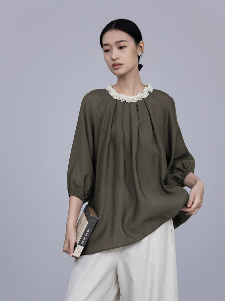 CAREMIND style étranger unique industrie lourde tridimensionnelle col pétale chemise manches moyennes simple belle chemise printemps nouveau