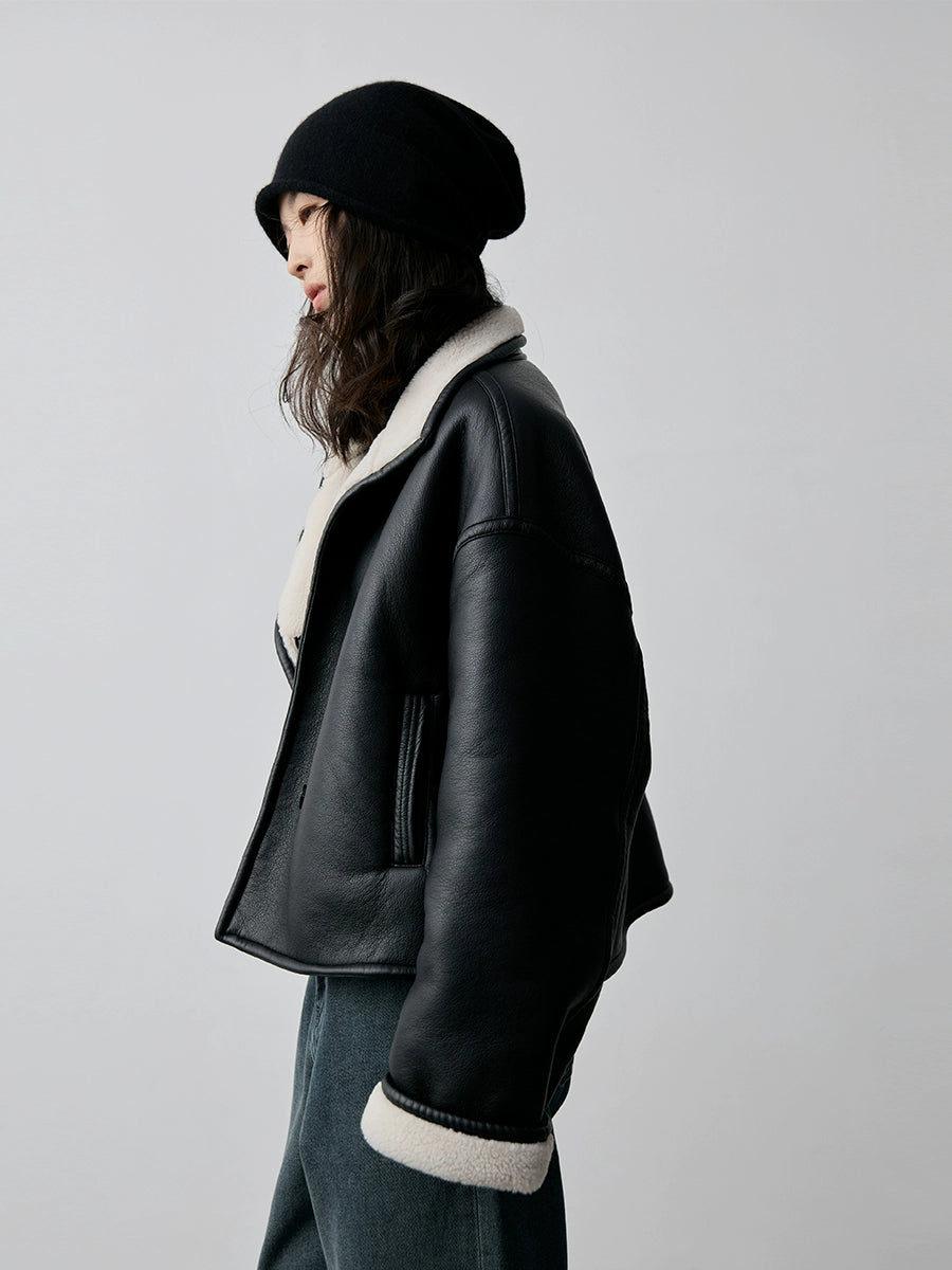 Chaqueta negra corta cálida y resistente al viento con pelo integrado de CAREMIND, chaqueta de solapa de locomotora de moda para mujer