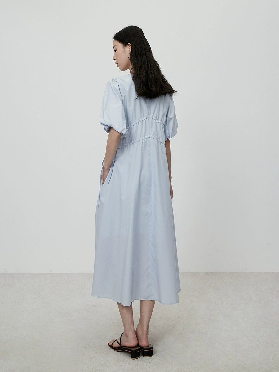 CAREMIND Robe slim bleu clair à col en V français, jupe plissée chic à taille A pour enfants