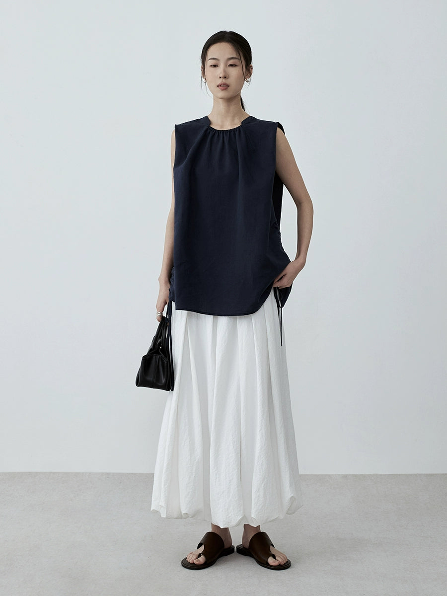 Chaleco de algodón y lino azul marino sin mangas con cordón de CAREMIND, diseño de ropa exterior, chaleco para mujer