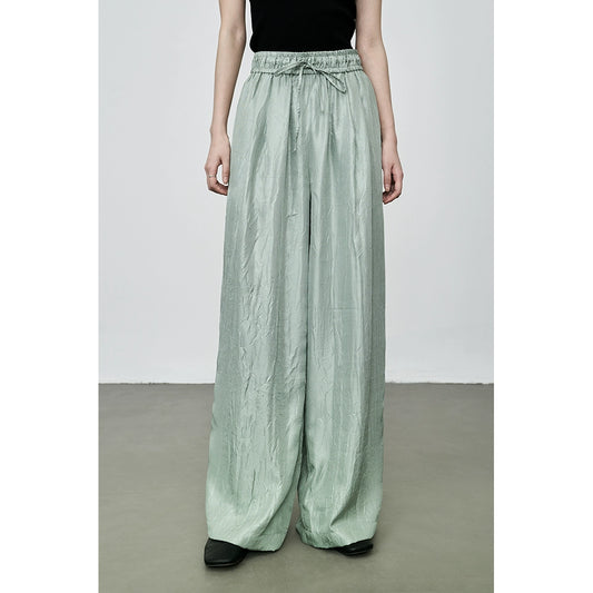 Pantalones anchos con textura y cintura alta con elástico prensado de CAREMIND Pantalones rectos holgados y ajustados