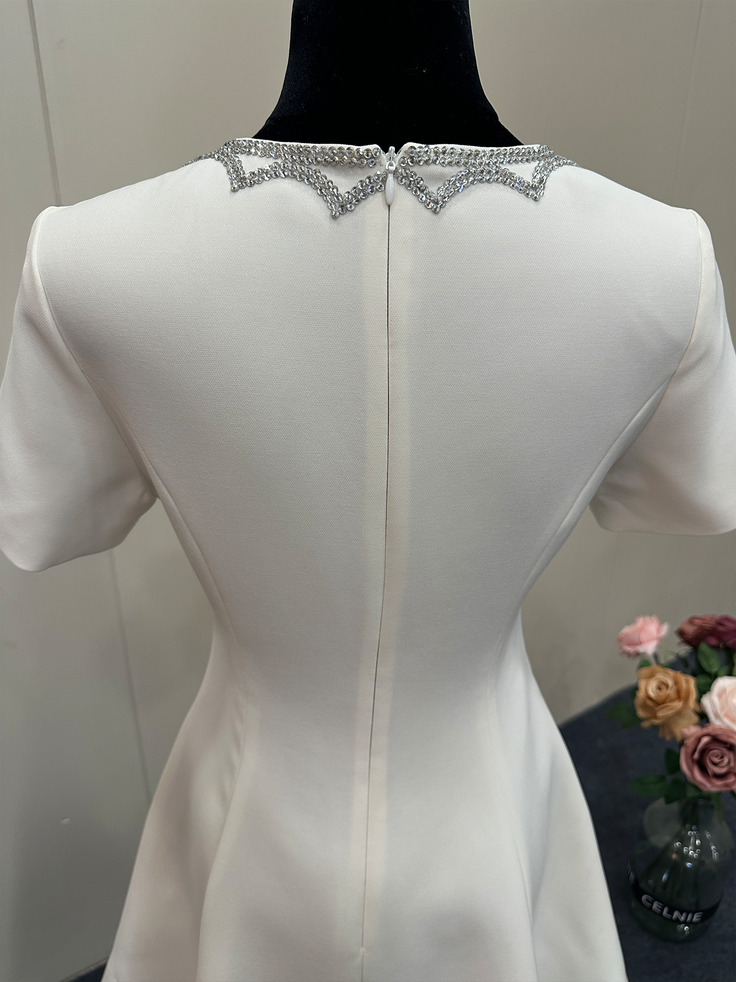 8023★ 25 Summer French high-end neckline handmade sequin design high waist thin short-sleeved dress women