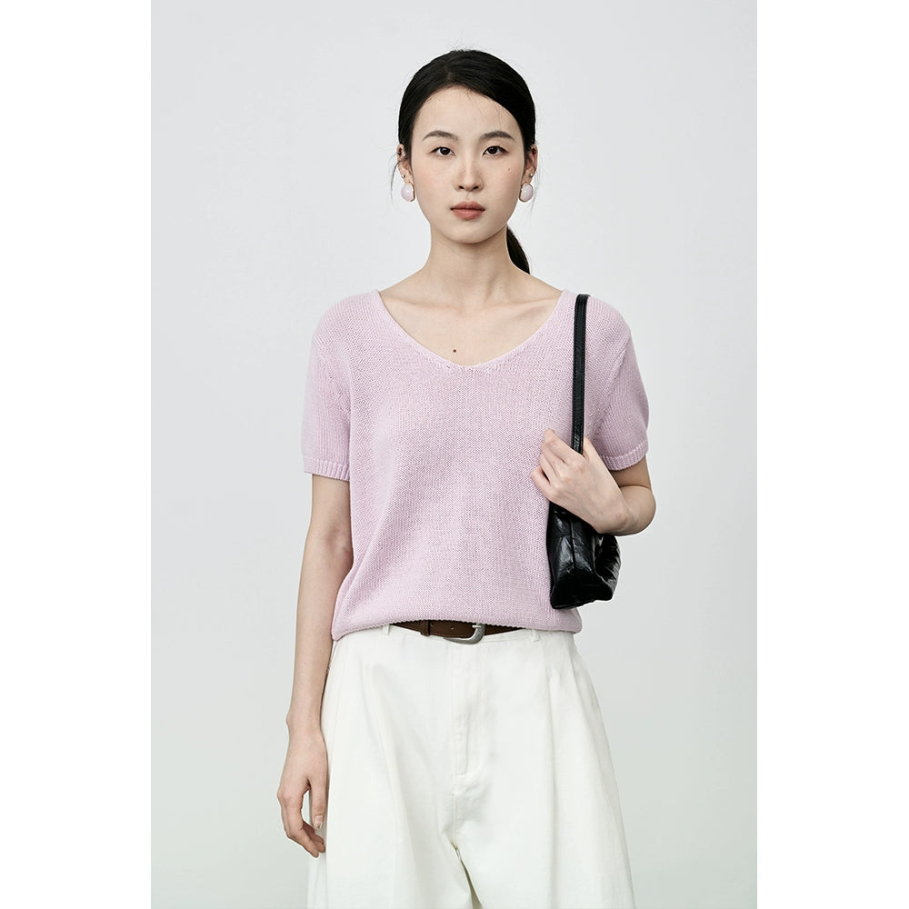 CAREMIND Suéter de punto informal, top de algodón 100% de alto giro, versátil, de color sólido, camiseta de manga corta anti-edad para mujer