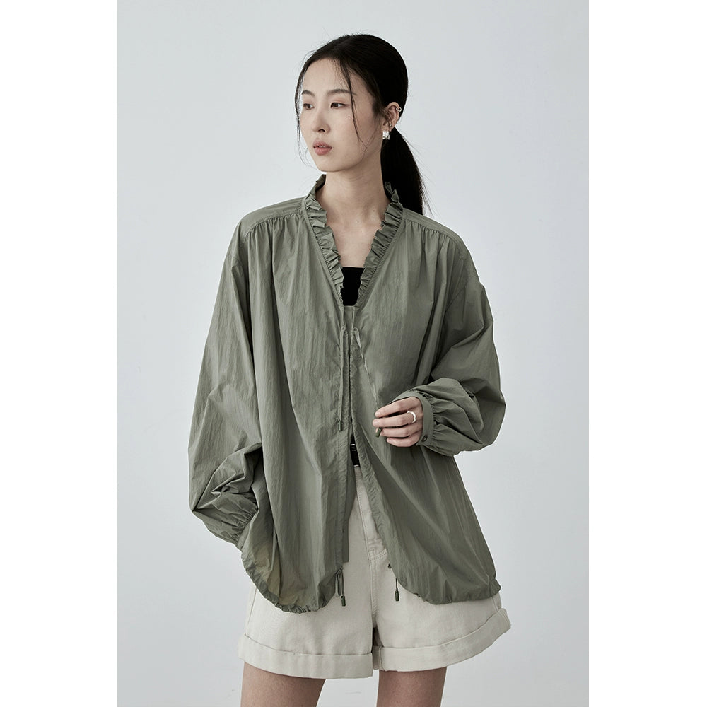 Camisa con cordón y cuello de hongo para exteriores de CAREMIND para mujer, blusa fina informal holgada de otoño