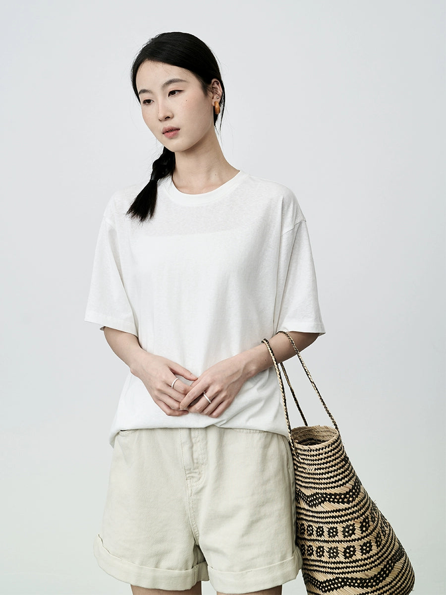 Camiseta básica de manga corta blanca versátil CAREMIND con cuello redondo y cinco mangas en los hombros