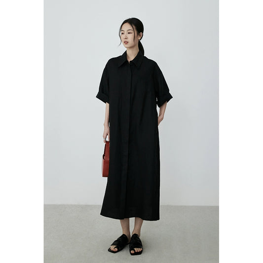 CAREMIND jupe chemise en lin minimaliste noire tempérament banlieue jupe longue manteau fin haut femme