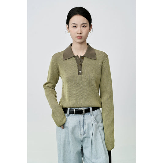 Suéter de punto tipo polo pequeño francés de alta costura CAREMIND con solapa en el hombro delantero en contraste