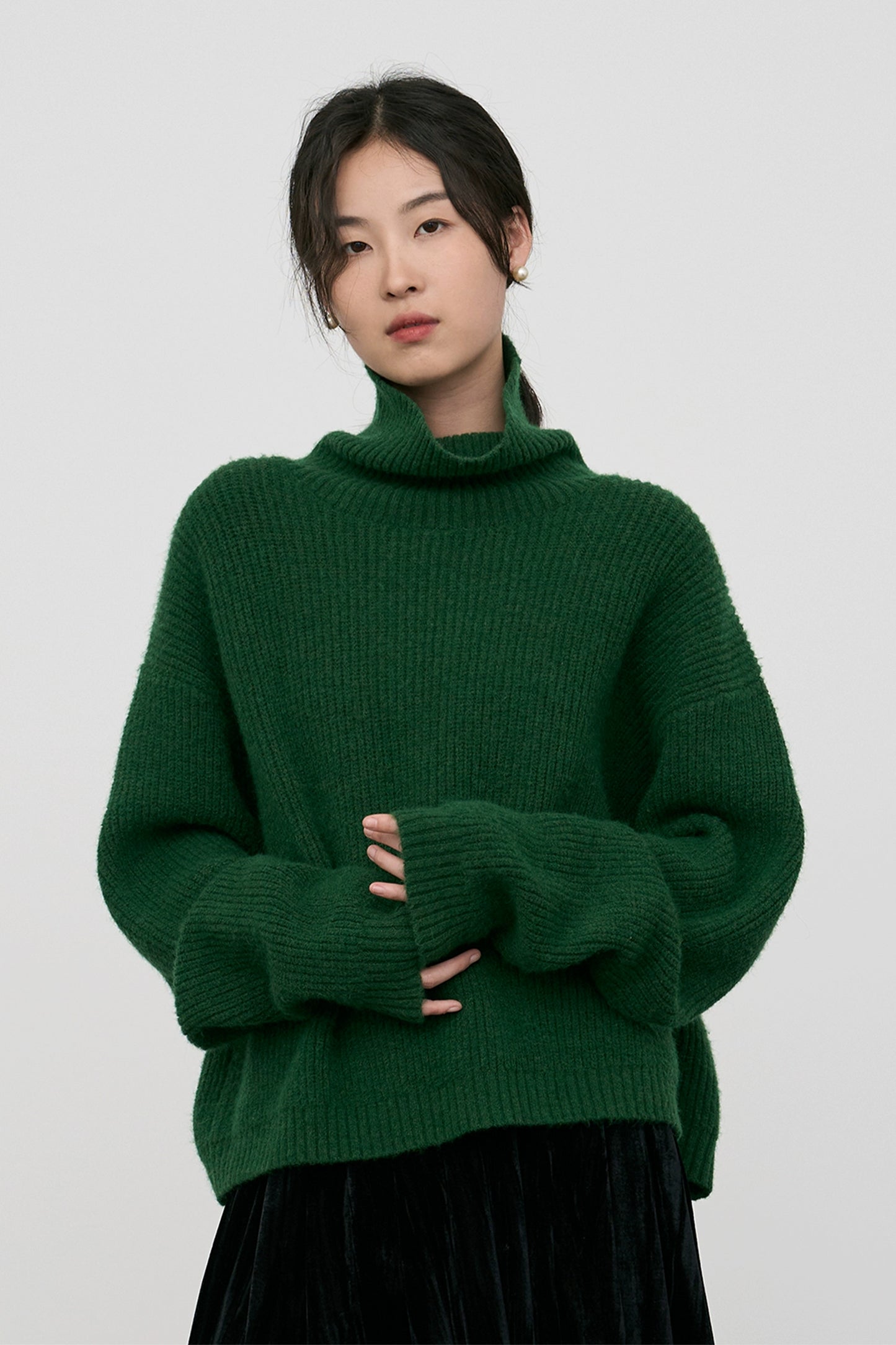 CAREMIND Elegante suéter suelto verde bosque profundo para mujer, suéter de punto japonés retro súper rentable