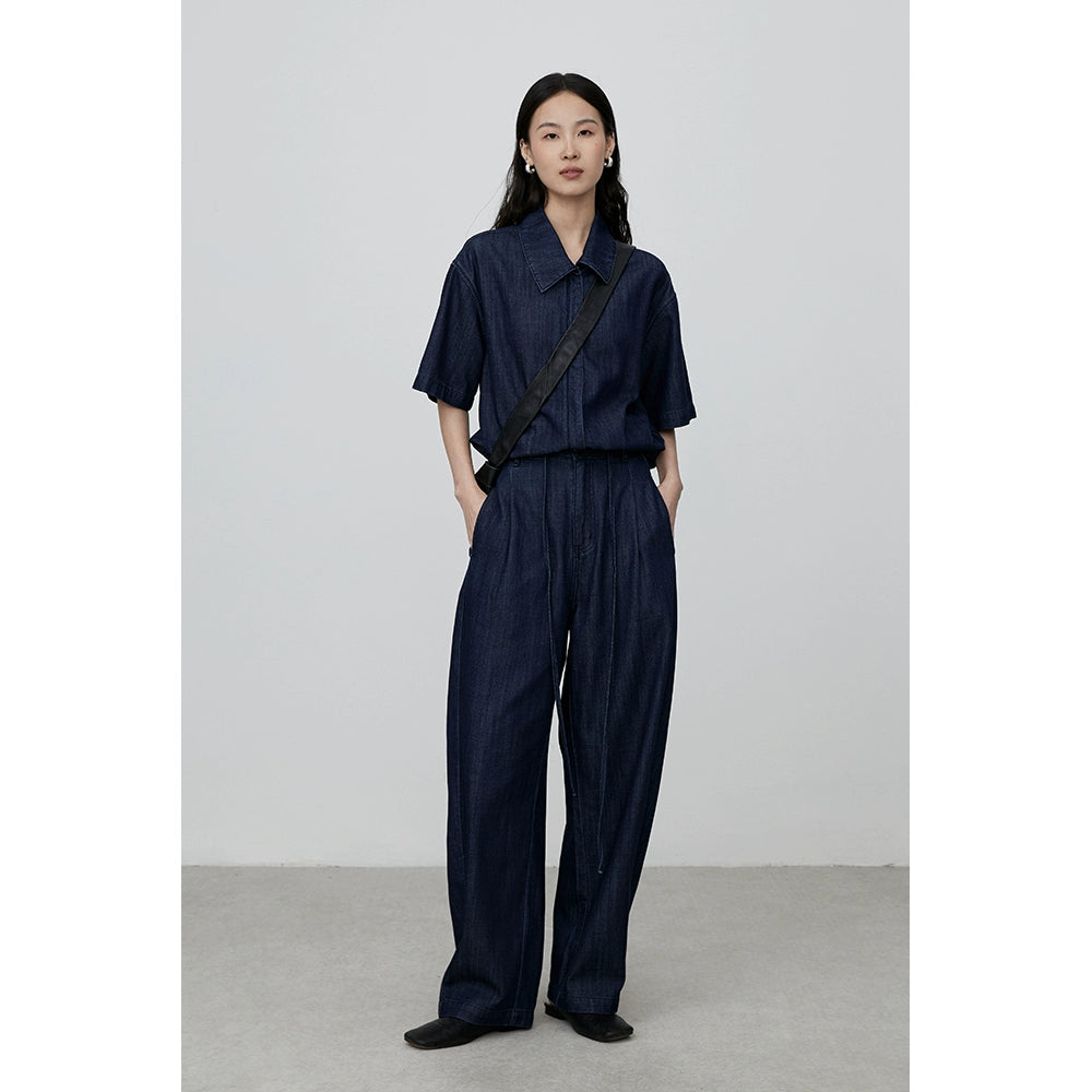 CAREMIND - Polo de mezclilla retro azul oscuro, camisa de manga corta, pantalones vaqueros de pierna ancha para mujer