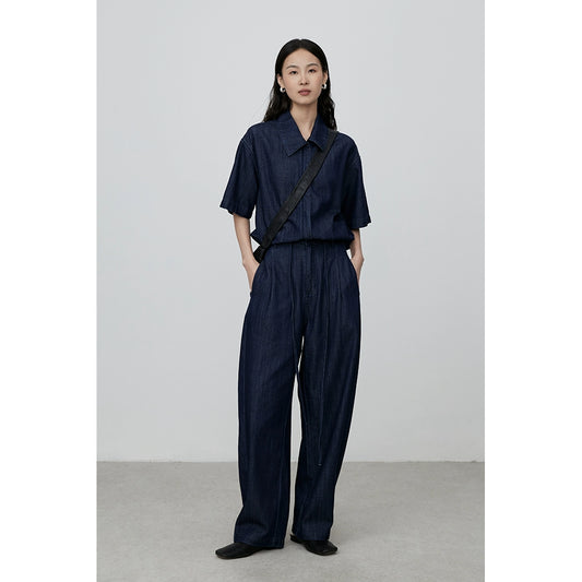 Costume en jean rétro bleu foncé CAREMIND, polo, chemise à manches courtes, pantalon en jean large pour femme