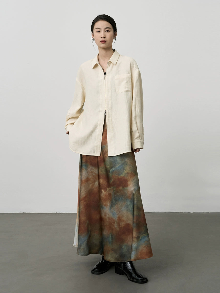 Camisa informal con doble cremallera y textura de sal de CAREMIND, holgada, estilo perezoso, color crema