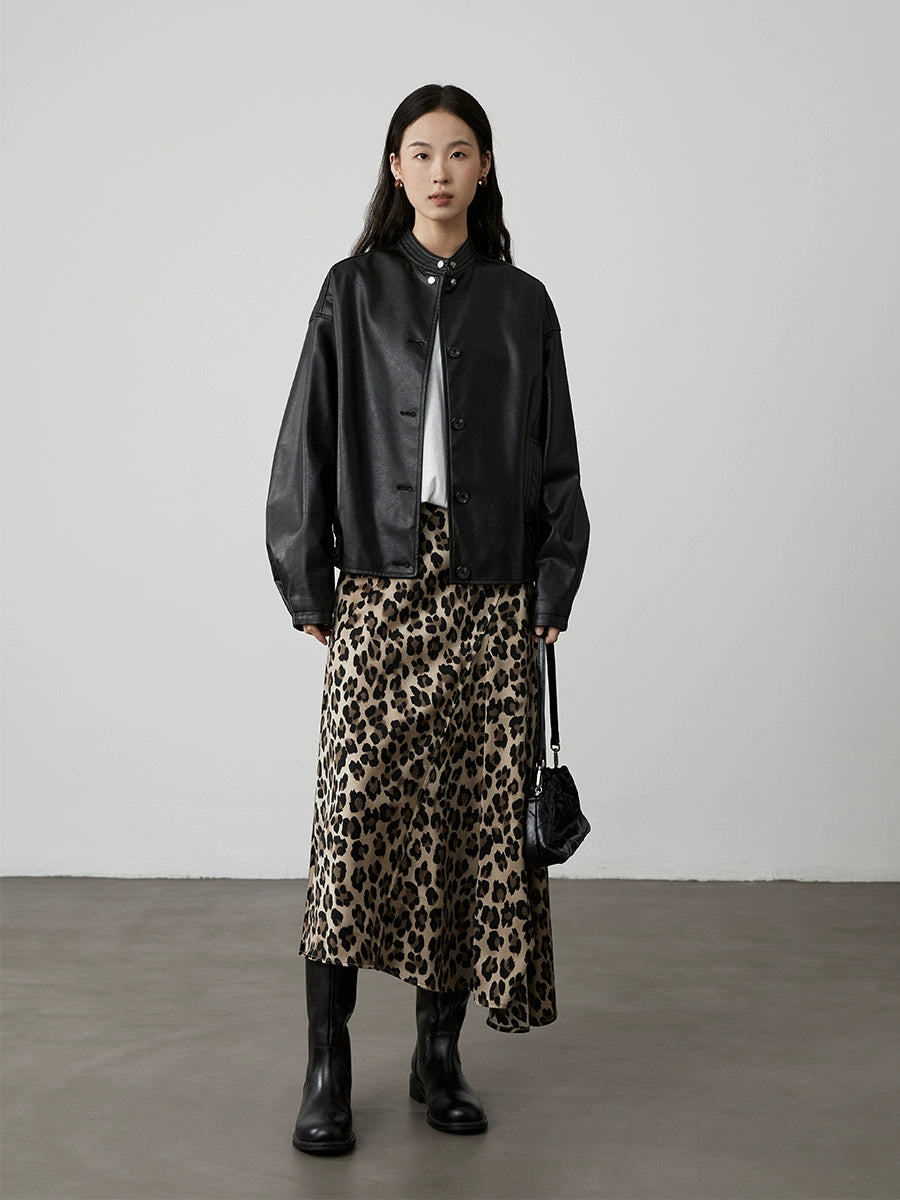 Falda con estampado de leopardo de estilo americano CAREMIND, falda larga con trazo oblicuo irregular y forma de A