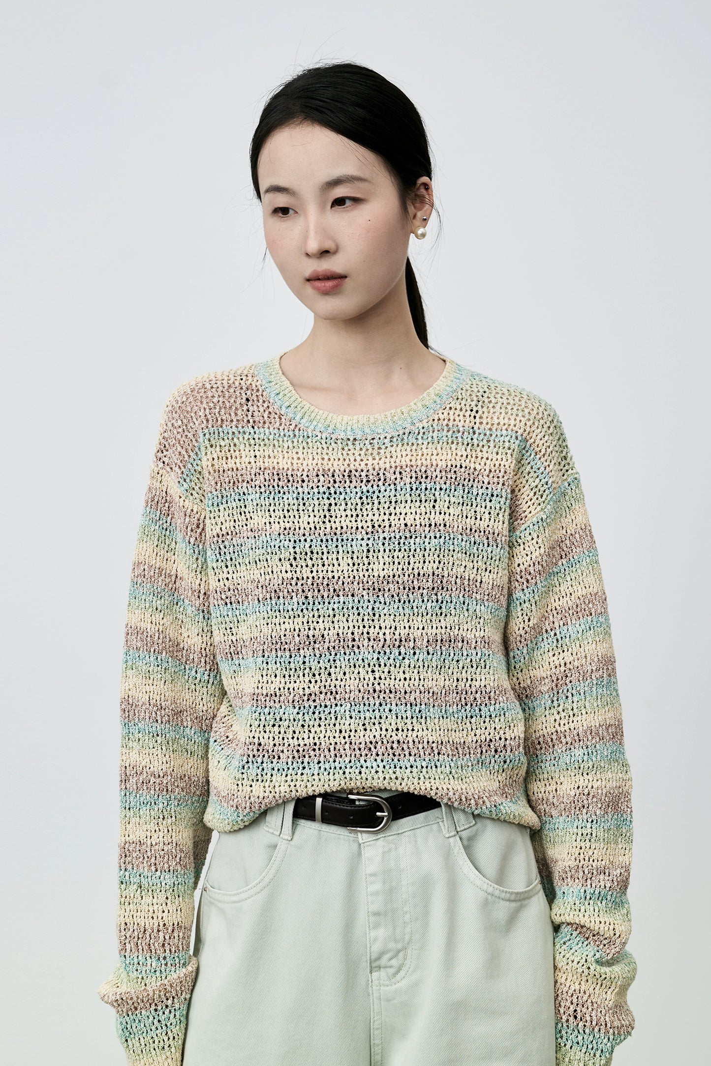 Suéter de punto suave con leche cerosa y macarrón de CAREMIND, jersey de rayas de manga larga suave y holgado