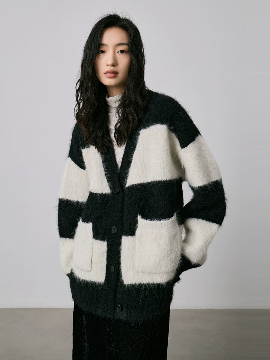 Suéter de alpaca CAREMIND con rayas en contraste en blanco y negro, abrigo térmico, chaqueta tipo cárdigan de felpa suave