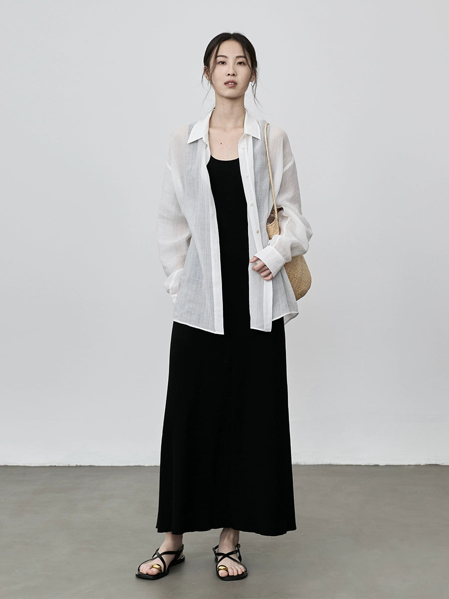 Vestido tipo chaleco sin mangas con escote en U negro de CAREMIND Vestido de tencel con parte inferior entallada y caída mediana