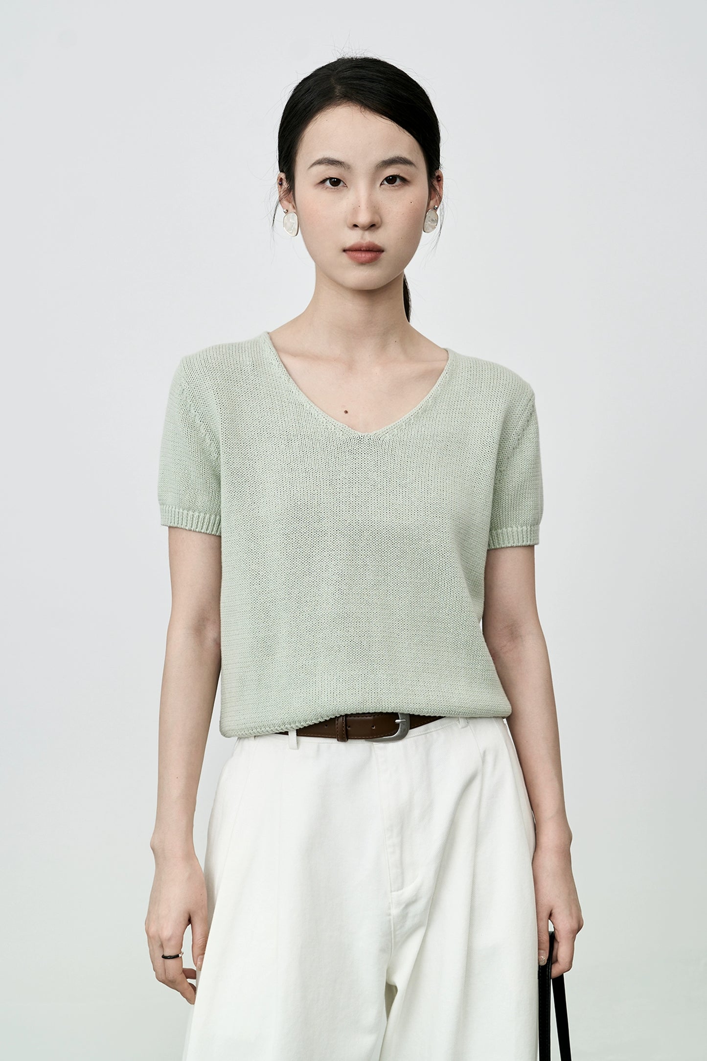 CAREMIND Suéter de punto informal, top de algodón 100% de alto giro, versátil, de color sólido, camiseta de manga corta anti-edad para mujer