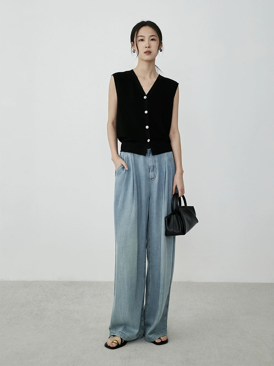 Pantalones vaqueros largos de verano de lyocell de primera calidad con pernera ancha y estrecha de CAREMIND en color azul vintage para mujer