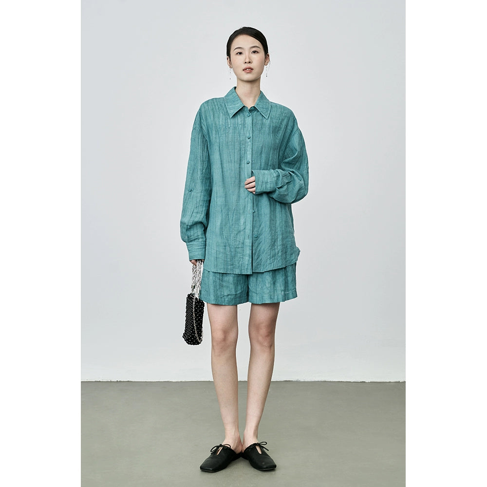 Conjunto de dos piezas de camisa y pantalones cortos teñidos a mano de Tencel de alta calidad con diseño de viento otoñal de CAREMIND