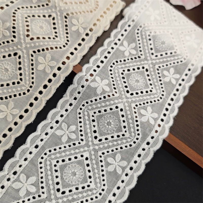 Tela vintage de algodón blanco albaricoque, con borde engrosado, bordado bilateral, 10,5 cm de ancho, hecha a mano, 3786