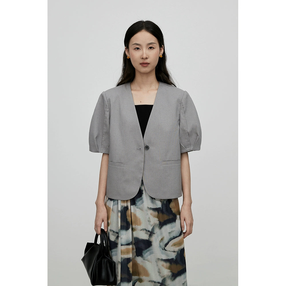 CAREMIND Veste chemise courte grise vintage à col en V et boutons