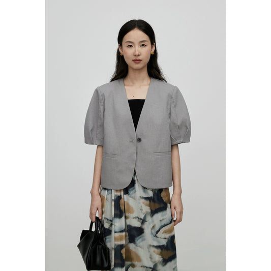 Chaqueta estilo camisa corta vintage gris CAREMIND para uso diario, cuello en V, botones, parte superior pequeña