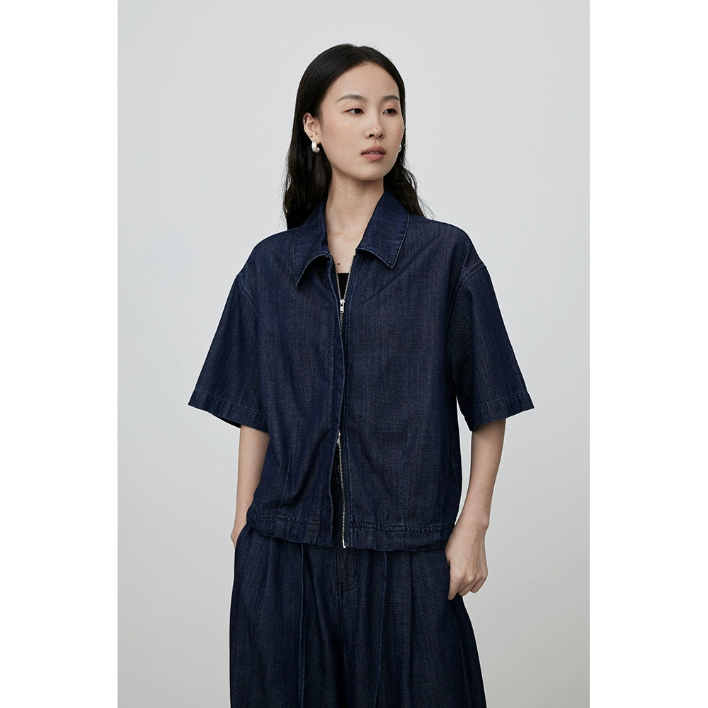 CAREMIND - Polo de mezclilla retro azul oscuro, camisa de manga corta, pantalones vaqueros de pierna ancha para mujer