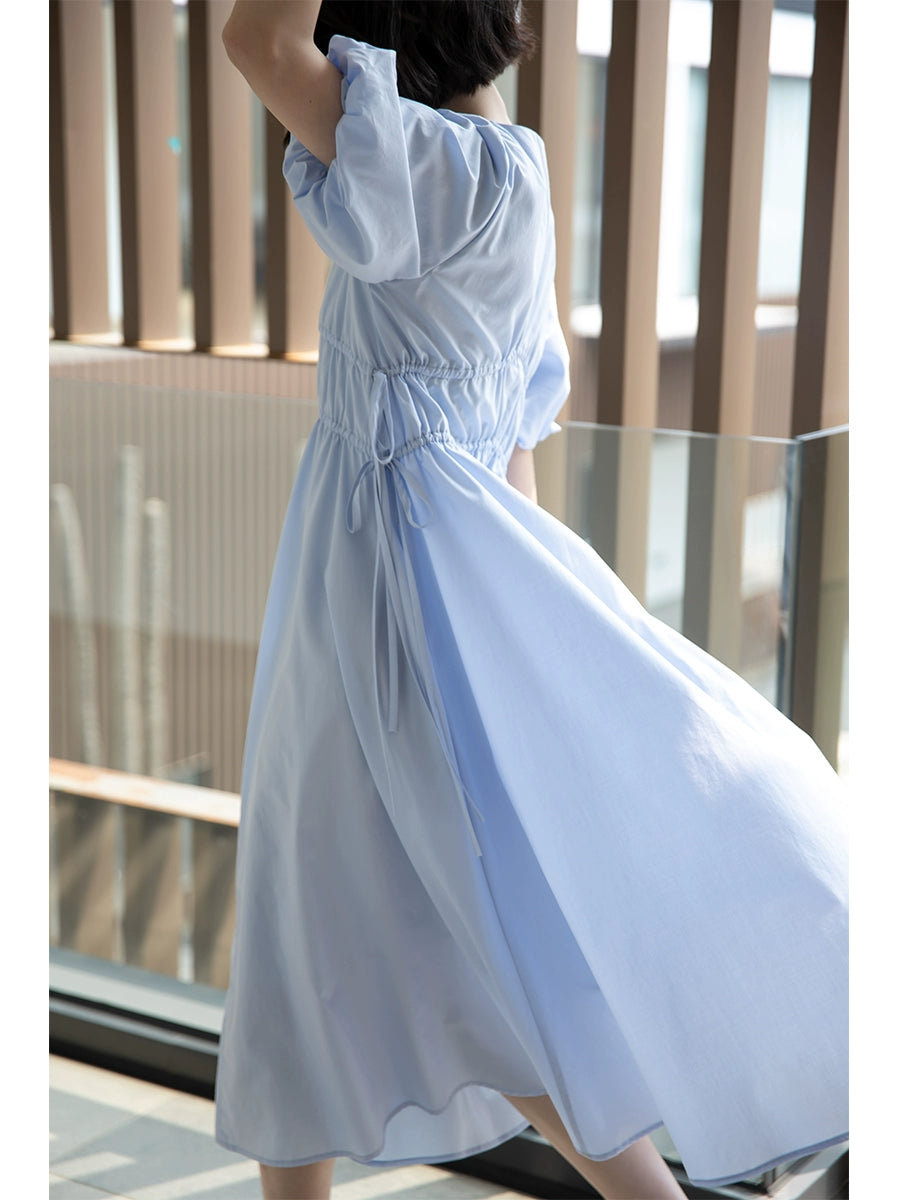 Exclusivo de CAREMIND, vestido de verano para mujer con escote en V, tirantes finos y mangas abullonadas en color azul hada