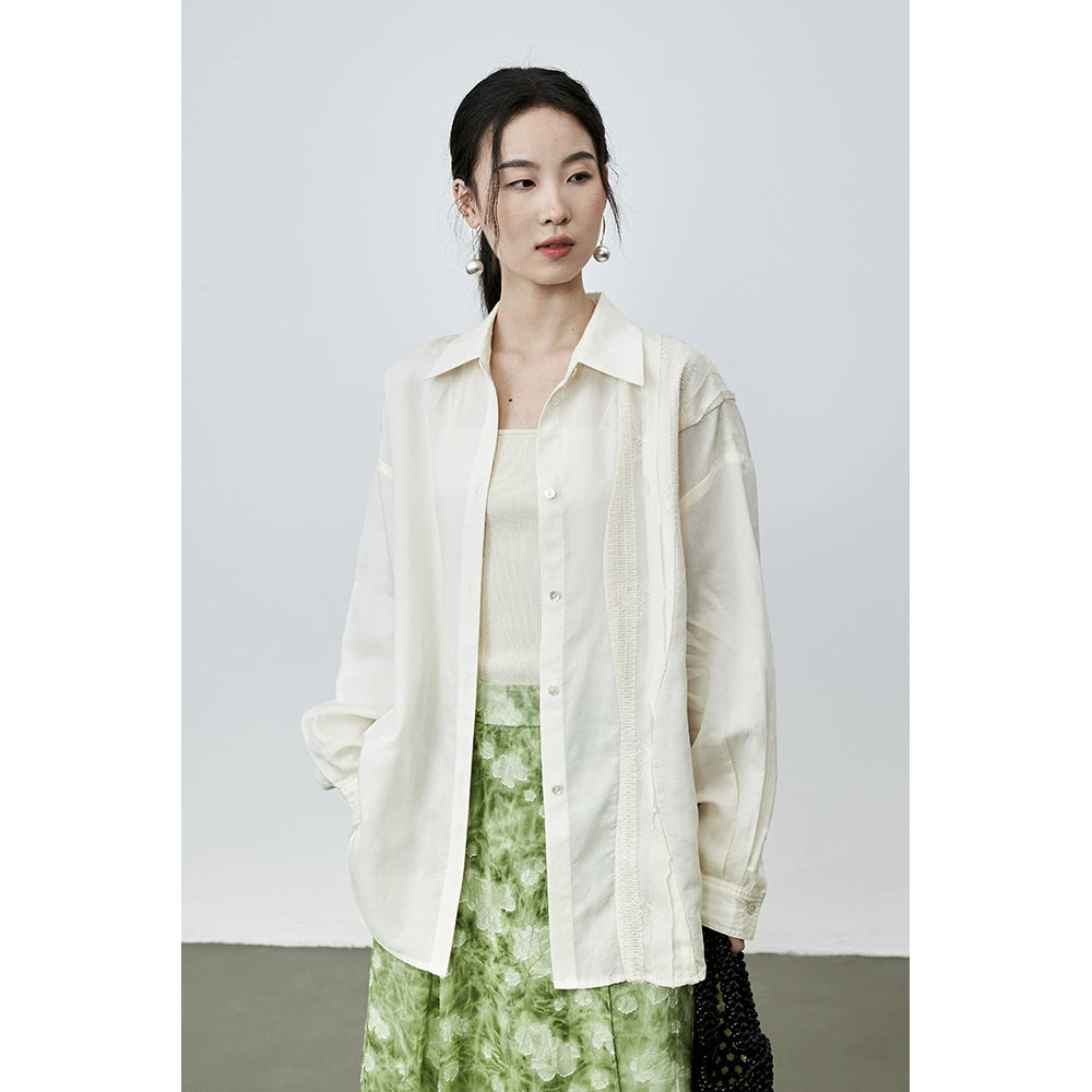 Camisa de tencel con protección solar color albaricoque de CAREMIND, chaqueta elegante con bordados, camisa holgada para ir al trabajo